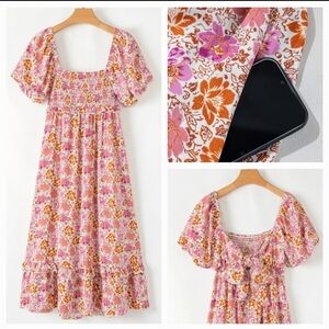 Altar'D State Floral Square Neck Knotted Ruffle Midi Dress Sz XS NWT